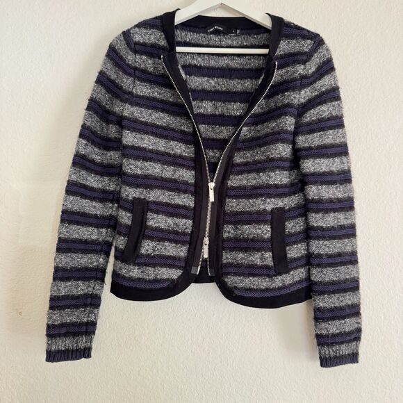 Karen Millen Cardigan Sz 4 Gray Black Blue Striped Cotton Mohair Blend Zip Pocke - Picture 2 of 11